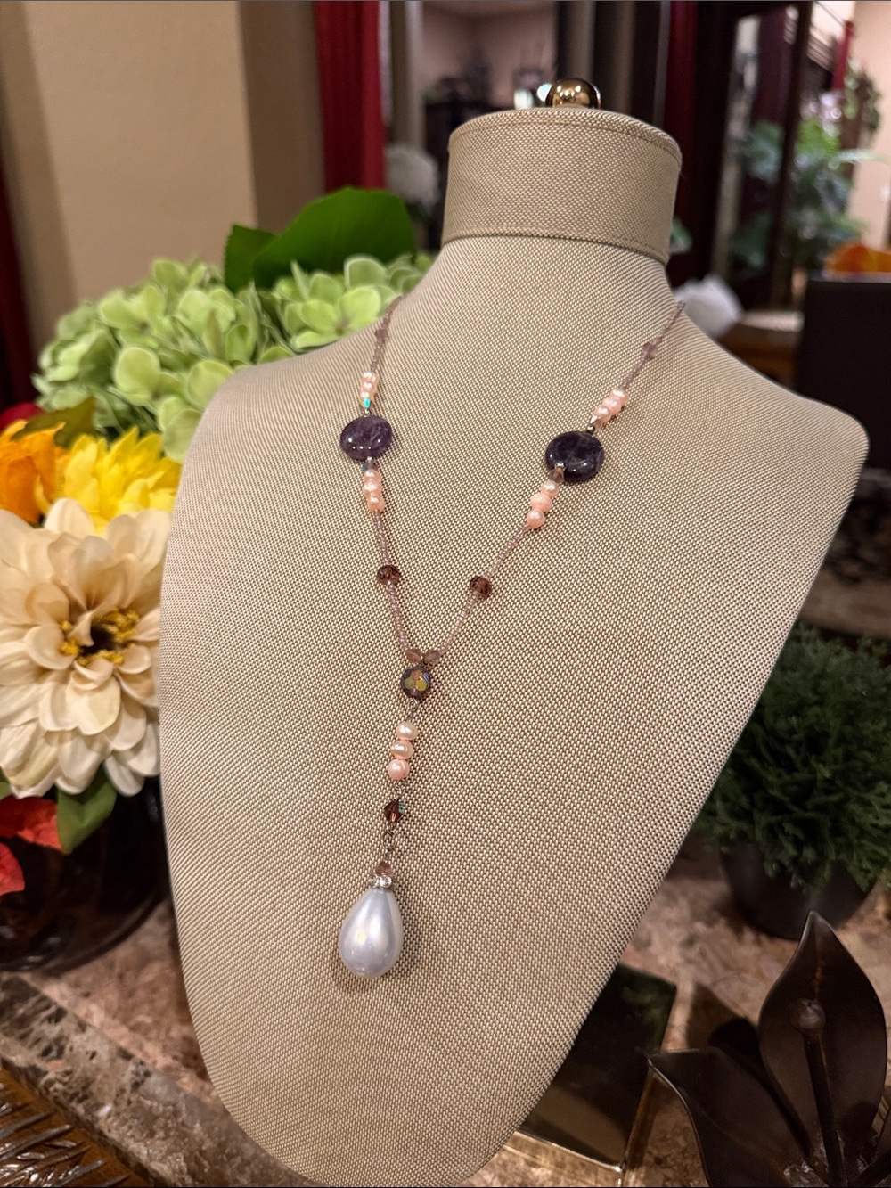 Pink and Purple Beaded Y-Necklace with Pearl Drop